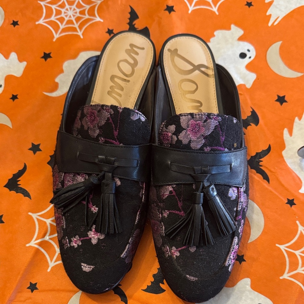 Sam Edelman Black and Purple Floral Mules